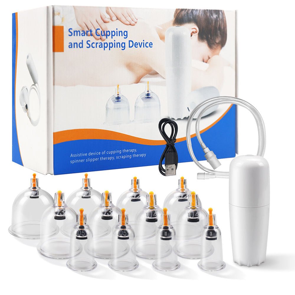 كاسات للحجامة مع جهاز سحب الهواء عالشحن Rechargeable Cupper with Strong Suction and 12 Cupping Heads